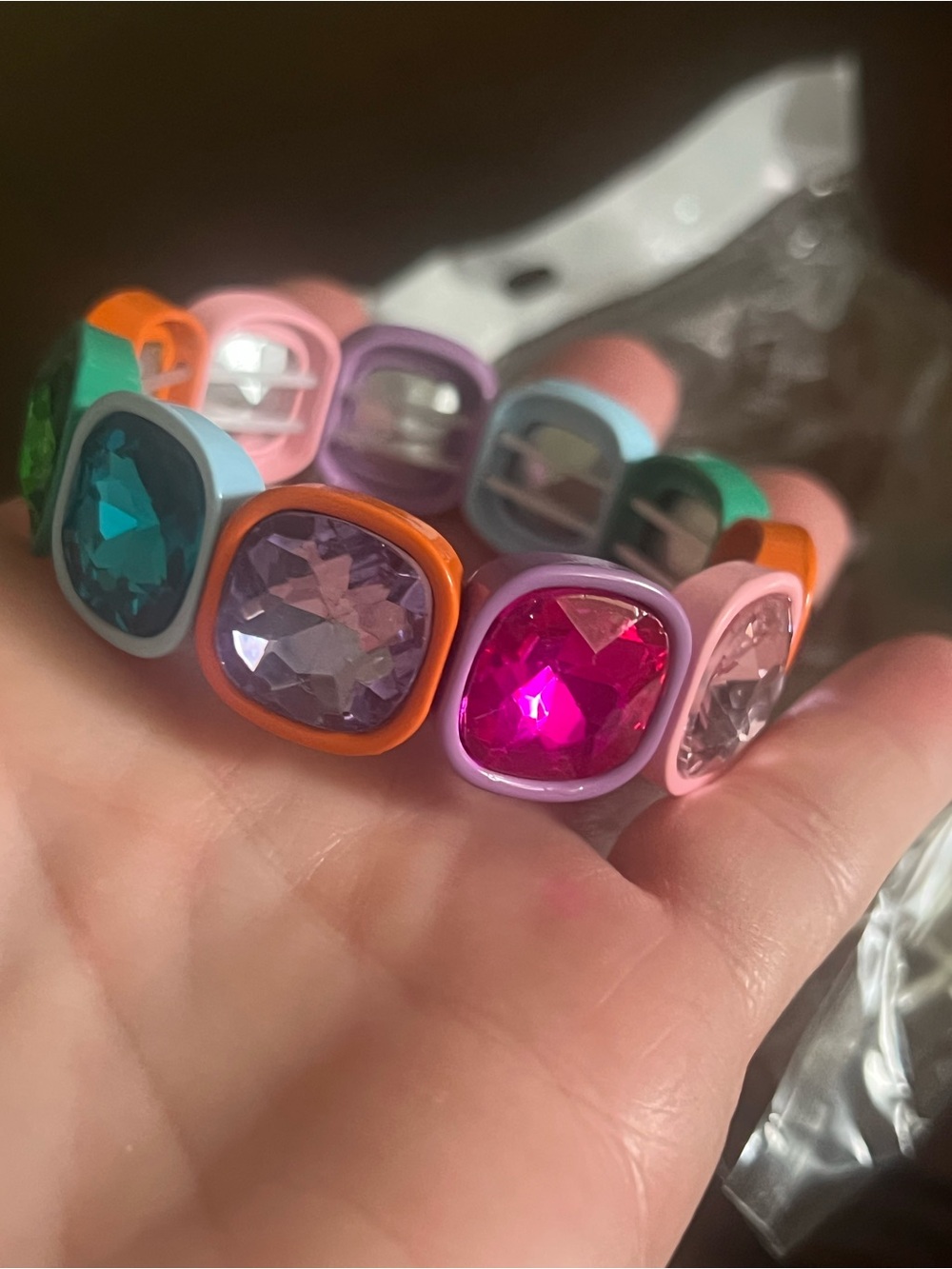 Multicolor Gem Stretch Bracelet - Pink, Green, Orange, Blue - Picture 3 of 6
